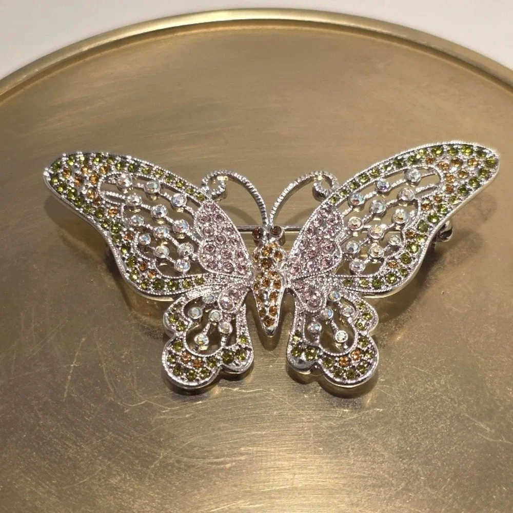 VTG Multi-Color Rhinestone Butterfly Brooch Silver Filigree‎ Spring Jewelry - Picture 2 of 12
